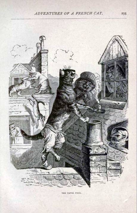 Image from J. J. Grandville's Adventures of a French Cat: a cat couple on a rooftop, looking in through a window as other cats move around them