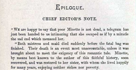 Minette is saved 'as if by a miracle'! 'Both mistress and maid died suddenly'.